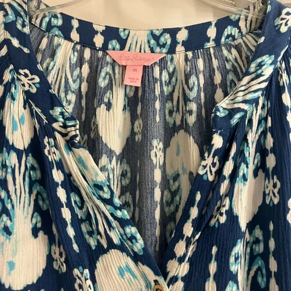 Lilly Pulitzer ELSA ROMPER Indigo Get in Line Blue White Gauze, Medium - Picture 3 of 11